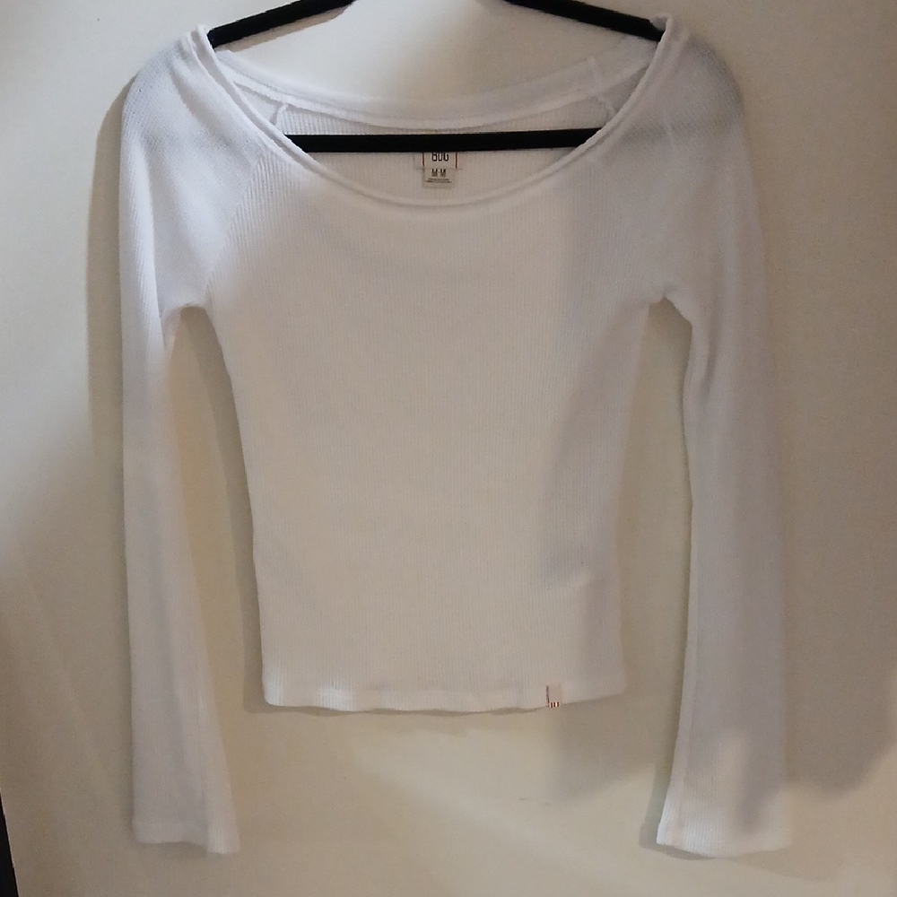 BDG White Ribbed Long Sleeve Scoopneck Top